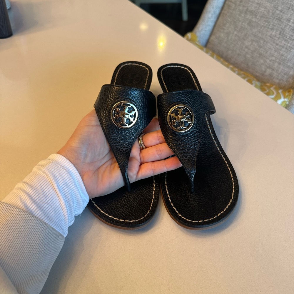 Tory Burch Black Leather Logo Thong Sandals